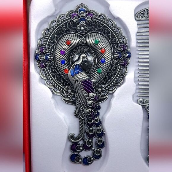 Vintage Peacock Mirror Comb Gift Set Antiqued Rhinestone Regency Vanity Boxed main image 6
